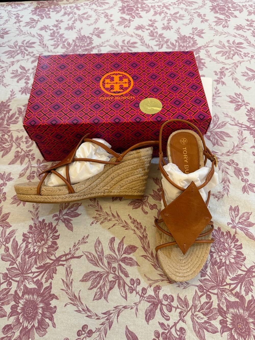 NWT Tory Burch Cognac Leather Espadrille Slingback Sandal Wedges Size 6